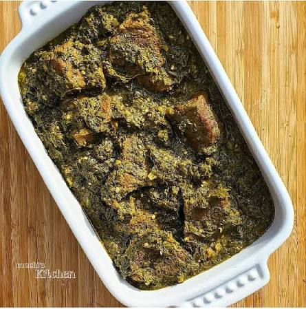 A dish of sombe mixed with meat